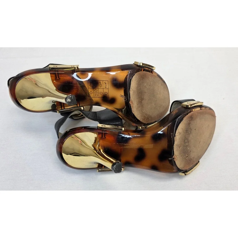 Michael Kors Black Leather Tortoise Shell Gold‎ Stiletto Sandals Heels Womens